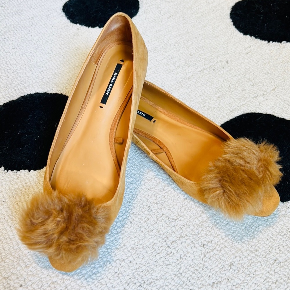 Zara Suede Pom Pom Flats